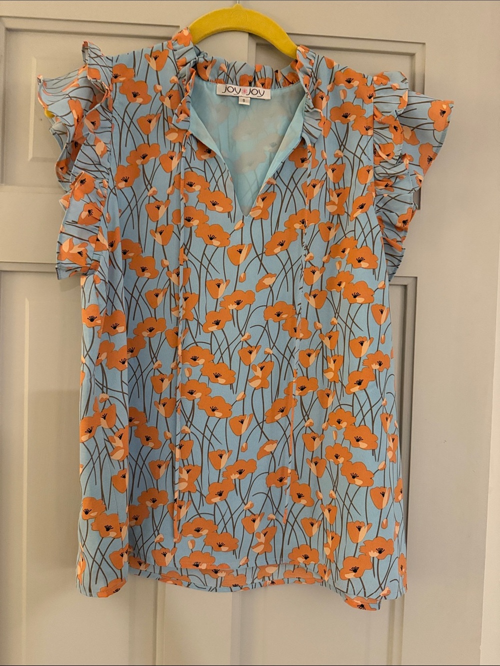 Joy Joy Sky Blue Top with Orange Floral Print and Ruffle Sleeves